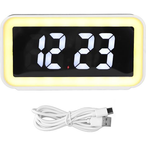 Réveil à chargement sans fil, chargement inversé USB, grand écran LED, réveil numérique rectangulaire, idéal pour la chambre, blanc. (1/5)