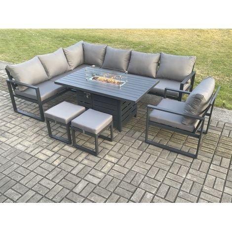 Fimous Aluminium Patio Outdoor Garden Furniture Corner Sofa Set Gas Fire Pit Dining Table with Chair 2 Small Footstools Dark Grey (1/5)