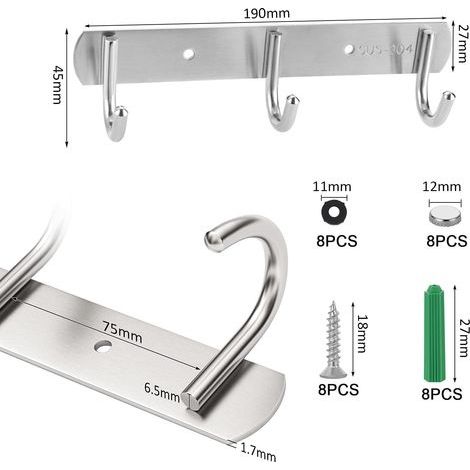 4-teilige Wandgarderobe, 3 Haken, Garderobe aus Edelstahl, stabile Badezimmerhaken für Kleidung, Hüte und Bademäntel (1/4)