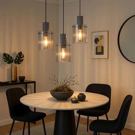LED Pendellampe Pendelleuchte Wohnzimmerlampe Hängeleuchte 3 Flammig Rauchglas, Metall grau, 3x 8W 806lm warmweiß, DxH 48x150 cm