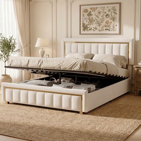 BLANKETSWARM - Lit coffre 140 x 200 cm avec sommier, lit double rembourré 140x200 cm avec fonction de rangement, bordure dorée à rayures verticales - velours - beige (1/4)