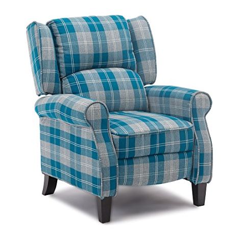 EATON WING BACK FIRESIDE CHECK FABRIC RECLINER ARMCHAIR SOFA LOUNGE CINEMO CHAIR BLUE
