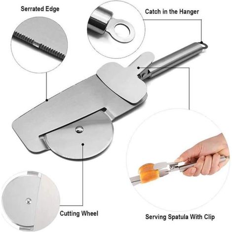 Pelle à Pizza en Acier Inoxydable PIXNOR - Spatule à Coupe-Pizza Portable Trois en Un - Argent (1/4)