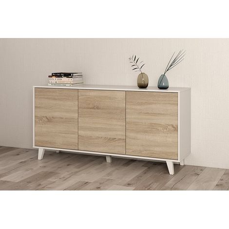 Aparador buffet salón comedor con tres puertas Zaiken blanco y roble 154x75x41 cm (1/10)