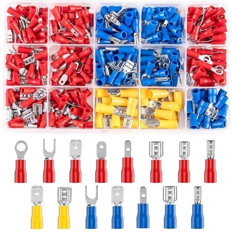 280 pièces 15 types cosses electriques a sertir connecteurs avec douilles isolantes, anneau plates fourches cosses et kits avec coffret d'assortiment, pour électriciens (1/4)