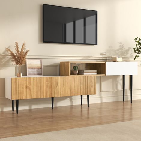 Mobile TV moderno per soggiorno, lunghezza regolabile 130-200 cm, design modulare, gambe in metallo nero, effetto legno + bianco opaco