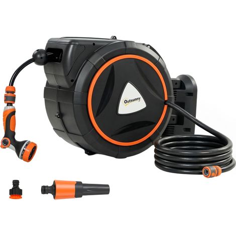 Enrouleur de tuyau rétractable de 28+2 mètres, 12 modes de pulvérisation, verrouillage automatique, rétraction contrôlable, support orange. (1/5)