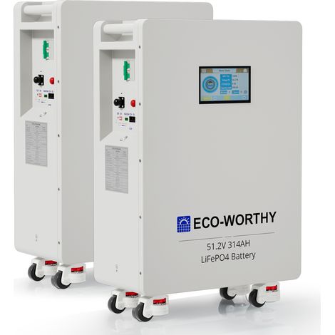 ECO-WORTHY 2pcs 48V 314Ah Batterie LiFePO4 16,1 kWh Stockage d'énergie et disjoncteur 200A PACE BMS RS485/CAN/RS232 pour alimentation de secours à domicile, applications hors réseau, installations sol