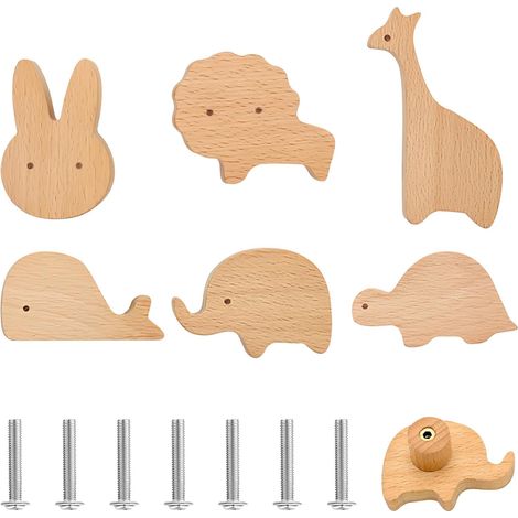 Lot de 6 boutons armoire bois enfants, motifs animaux, pour tiroirs, chambre (1/4)