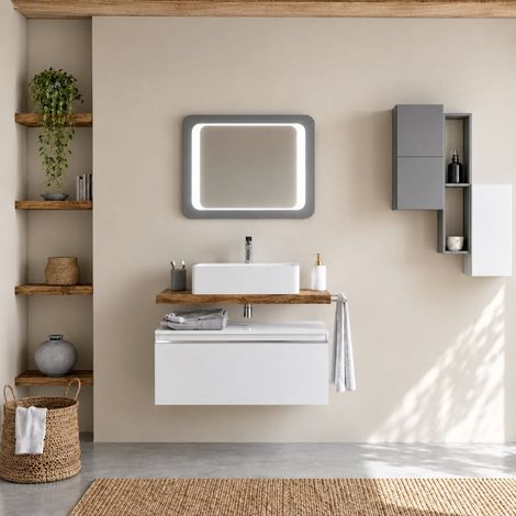 Mobile bagno sospeso 80 cm con cassetto bianco lucido e top rovere fossile  Lagos (1/5)