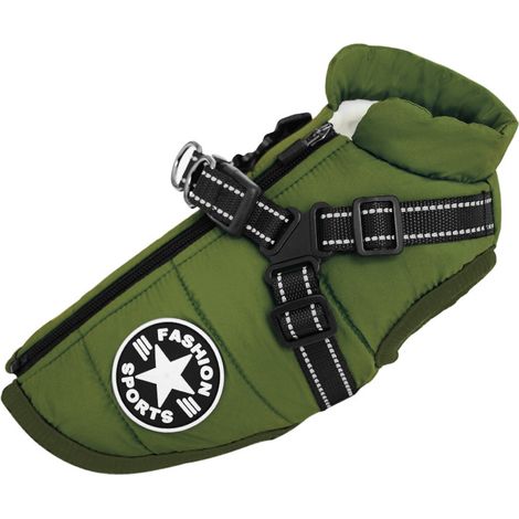 Manteau d'hiver imperméable et chaud pour chien avec harnais, veste matelassée en coton confortable, adaptée aux chiens petits et moyens, couleur vert militaire, taille unique (1/5)