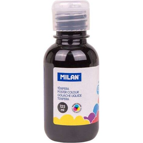 Botella de 125 ml con tapón dosificador, color negro. Témpera fabricada con pigmentos de calidad y resistentes a la luz. Los colores son vivos y puros