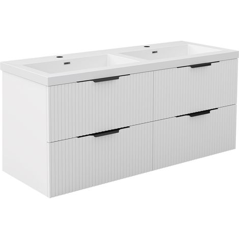 Meuble de Salle de Bain Suspendu Blanc Mat 120cm avec 4 Tiroirs Silencieux, Vasque Résine, Résistant à l'Humidité, Cannelé Texture