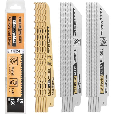 Reciprocating Saw Blades 15 Pieces for Wood, Metal and Plastic, 150 mm 3/14/24TPI Bi-Metal Sabre Saw Blade with Storage Box (1/5)