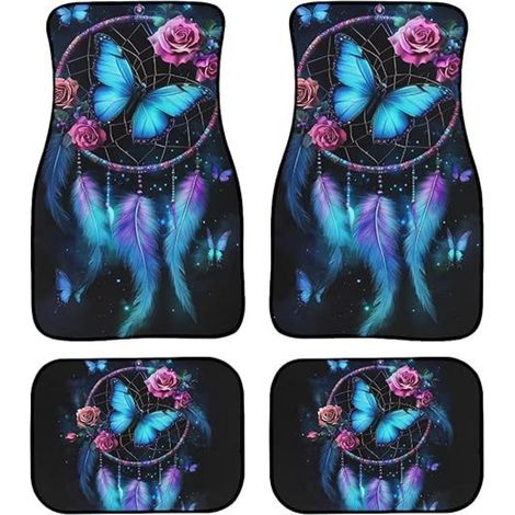 Ensemble de 4 tapis de sol universels toutes saisons pour voiture, motif papillon et rose, compatibles avec la plupart des véhicules. (1/5)