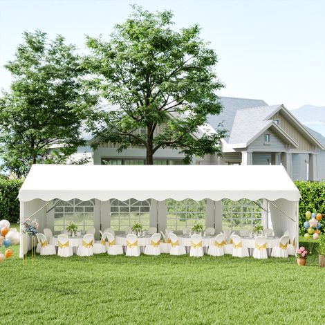 Carpa de Jardín 8x4 m Pérgola Cenador Pabellón Cochera Gazebo con 4 Paneles Laterales y 8 Ventanas para Fiestas Blanco (1/5)
