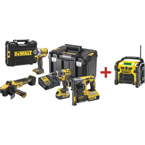Dewalt Akku-Set Metall 18 V, Akku-Werkzeugset/Powerpaket mit Schlagbohrschrauber, Kombihammer, Winkelschleifer, Schlagschrauber, 2x 5,0 Ah, T-STAK (1/4)