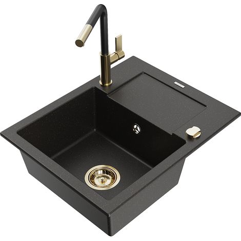 Mexen Enzo lavello in granito 1-vasca con scolapiatti e miscelatore cucina Flora, nero/oro metallizzato - 6506-75-670401-57-G (1/5)