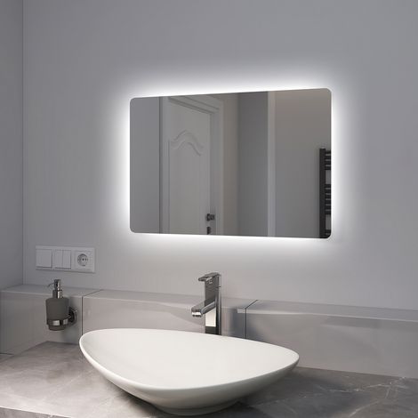 EMKE Miroir lumineux de salle de bain Rétro-éclairé avec Interrupteur à bouton, Anti-buée, deux couleurs claires 60x40 cm Lumière Blanche Froide/Chaude