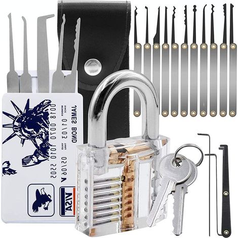 Kit di lock-picking di 24 pezzi con lucchetto di formazione e trasparente strumento di raccolta del tipo di carta di credito da LockCowboy + Guida per principianti e professionisti di fabbro (1/5)