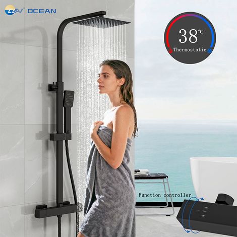 Kit doccia con soffione, doccetta e miscelatore termostatico quadrati, colonna doccia regolabile 73-118cm, nero opaco (1/5)