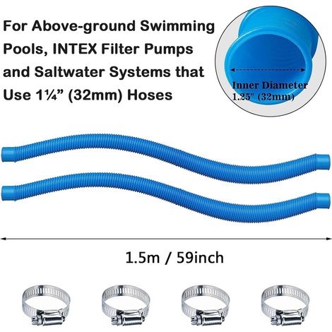 Juego de 2 mangueras para piscina, manguera de repuesto para piscina, bomba de filtro con 4 abrazaderas metálicas, mangueras de repuesto para piscinas elevadas. (1/4)