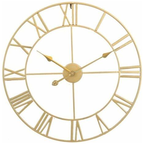 Horloge Grande horloge murale rétro en fer - Ronde - Silencieuse - Fonctionne avec piles - Chiffres romains - Style vintage - Pour décoration de salon - Or (40 Cm) (1/5)