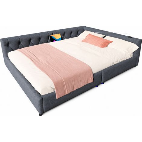 Divano letto 140x200 cm con rete a doghe, LED a 7 colori, porte USB e Type-C, testiera con bottoni, tessuto grigio, per camera ospiti - CHICFURN (1/5)