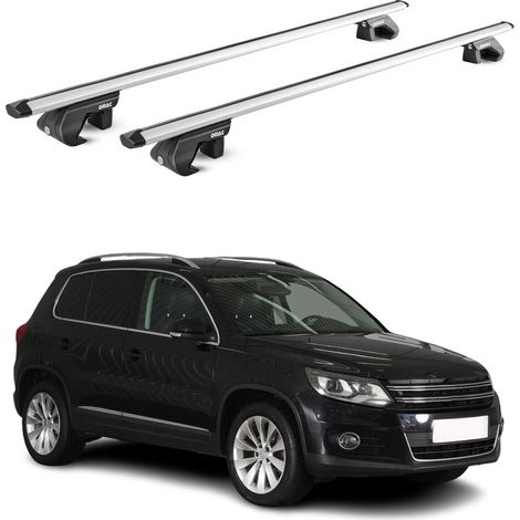 OMAC Dachträger Aluminium TÜV geprüft für VW Tiguan I 2007-2016 – Für Standard Dachreling – T Nut – Max 90 kg – 2 Schlösser Silber (1/5)