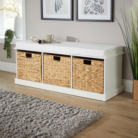 Hallway Storage Bench 3 Woven Drawers Padded Cushioned Top White Wooden Frame (1/5)