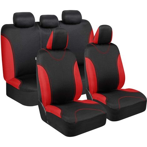 Komplettes Set roter Autositzbezüge - passende Universal-Sitzbezüge für LKWs und SUVs - Bezüge für Vordersitze, Rücksitze und Kopfstützen, geeignet für Fahrzeuginnenräume.