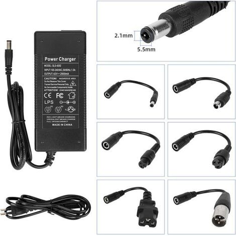 HOXILEELEOChargeur de Batterie1,5a,avec 6 câbles, 42V au Lithium Chargeur de Batterie, pour électrique chargeur de batterie de vélo électrique (1/4)
