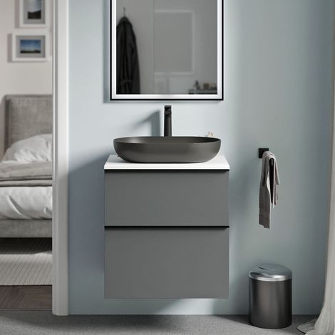 BERNSTEIN - Mobile lavabo sospeso MDF antracite opaco, piano lavabo bianco opaco, maniglia nero opaco - 60x46x62cm - LAVOA	Antracite opaco, Nero opaco, Bianco opaco