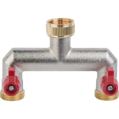 Robinet 2 voies LAITON nickelé fil. 3/4" Fem. sortie 2x 3/4" mâle + vanne d'arrêt
