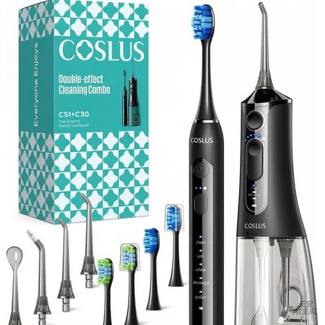 COSLUS Brosse à dents électrique avec hydropulseur buccal, noir