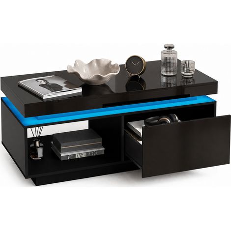 Table basse LED brillante noire avec tiroir, 100 x 50 x 40,3 cm, plateau en panneau de particules, charge 50 kg – CHICFURN (1/5)