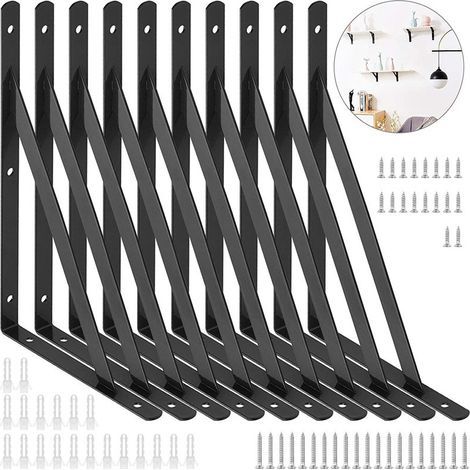 Heavy-duty shelf brackets - 8-piece L-shaped metal wall-mounted shelf bracket set, suitable for suspended shelves - black (1/4)