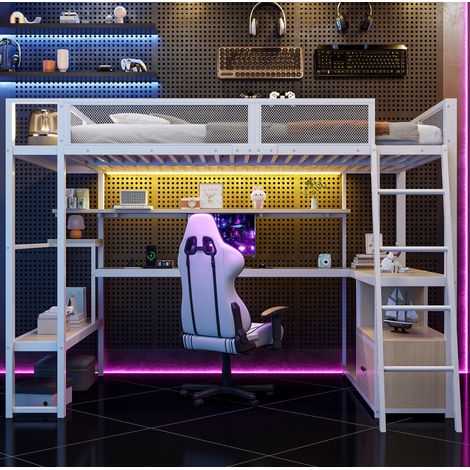 lit adulte bureau rangement 140x200 métal blanc OKMYHOME (1/3)