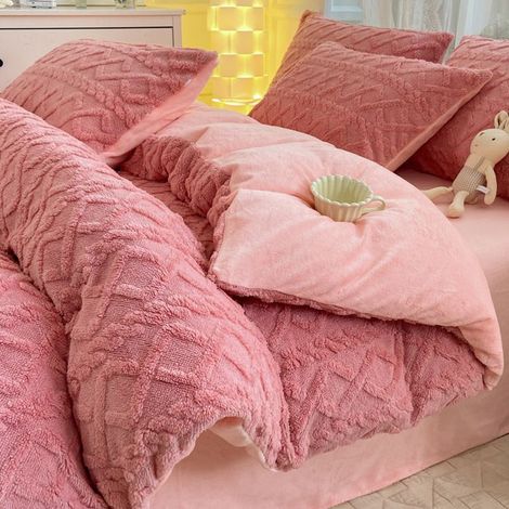 Housse de Couette Flanelle 200x230 cm,Parure de Lit Polaire Chaude Hiver,Comprend 1 Drap 250×230 et 2 Taies d’Oreiller,Jaune,Rose (1/5)