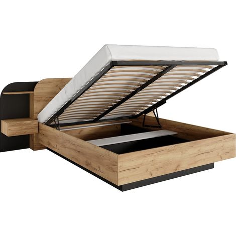 Vente-Unique – Lit coffre 160 x 200 cm avec chevets – 2 tiroirs de rangement – Éclairage LED blanc – Coloris naturel et noir – Fabriqué en Europe (1/5)