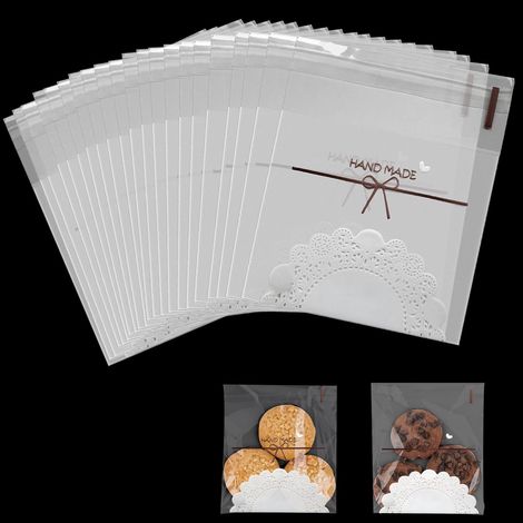 Confezione da 100 piccoli sacchetti in cellophane fatti a mano, richiudibili, trasparenti, autoadesivi, per biscotti, dolci, gioielli, regali e forcine per capelli (10 x 10 cm)