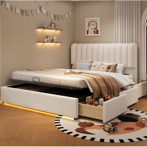 Kinderbett mit Stauraum 140x200 cm beige aus Samt mit hydraulischem Bettkasten, 3 Schubladen und LED-Licht (1/5)