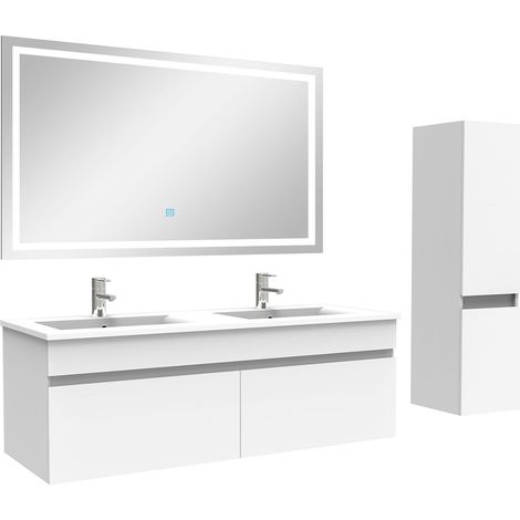 Acezanble Ensemble meuble salle de Bain 120cm double vasque avec colonne + miroir 3 couleurs blanc (1/5)