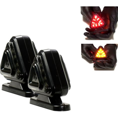 Lot de 2 pièces — feux de gabarit LED fumés, type « corne », 12–24 V, orange-rouge, forme triangulaire — pour remorques, platefo