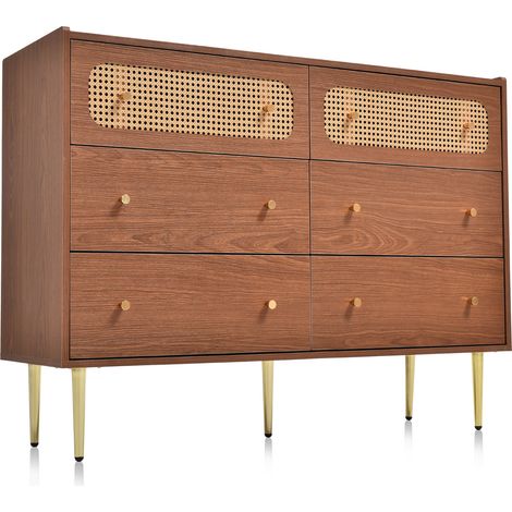 Cassettiera a 6 cassetti effetto noce con dettagli in rattan e gambe in metallo 120 x 40 x 90 cm (1/5)