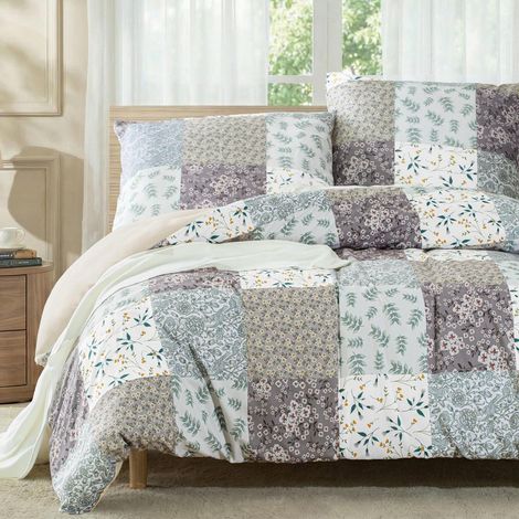 Bettwäsche-Set 220x240 cm 3-teilig mit Blumenmuster, Mikrofaser, Grau