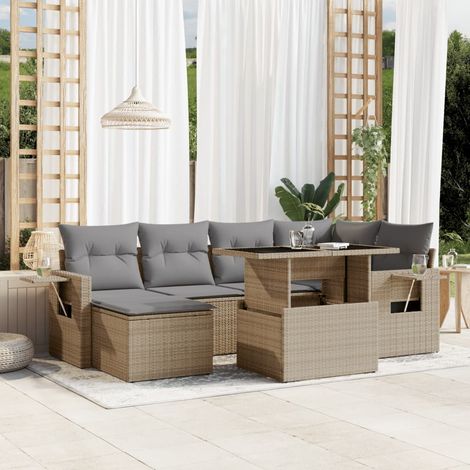Set sofás de jardín 7 piezas y cojines ratán sintético beige vidaXL (1/5)