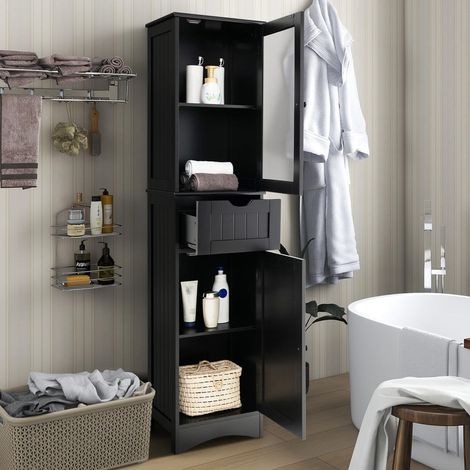 Gain d'Espace Colonne de Rangement Meuble Haut 2 Portes Verre Trempé 1 Tiroir Salle de Bain Noir (1/5)