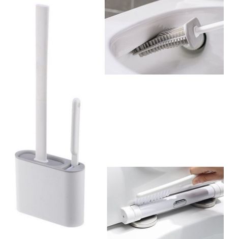 Lot de 2 brosses WC – Silicone – Autoportantes – Long manche – Blanches – Nettoyage salle de bain (1/4)