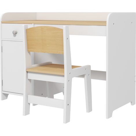 Bureau enfant avec chaise, table enfant avec tiroir, placard et large plateau, pour 3 à 6 ans, 80 x 39 x 59 cm, blanc (1/5)